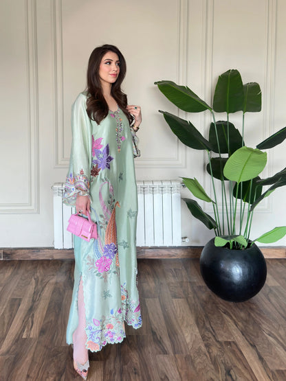 Pistachio Embroidered Kaftan 2Pc