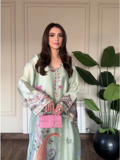 Pistachio Embroidered Kaftan 2Pc