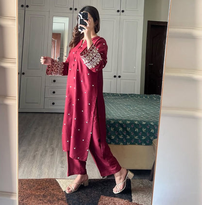 Red embroidered 2-piece lawn set