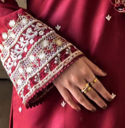 Red embroidered 2-piece lawn set