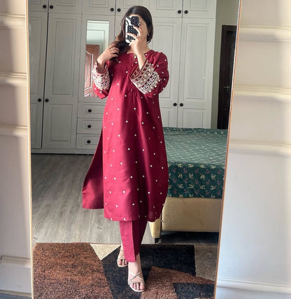 Red embroidered 2-piece lawn set