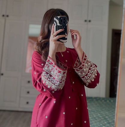 Red embroidered 2-piece lawn set