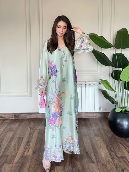 Pistachio Embroidered Kaftan 2Pc